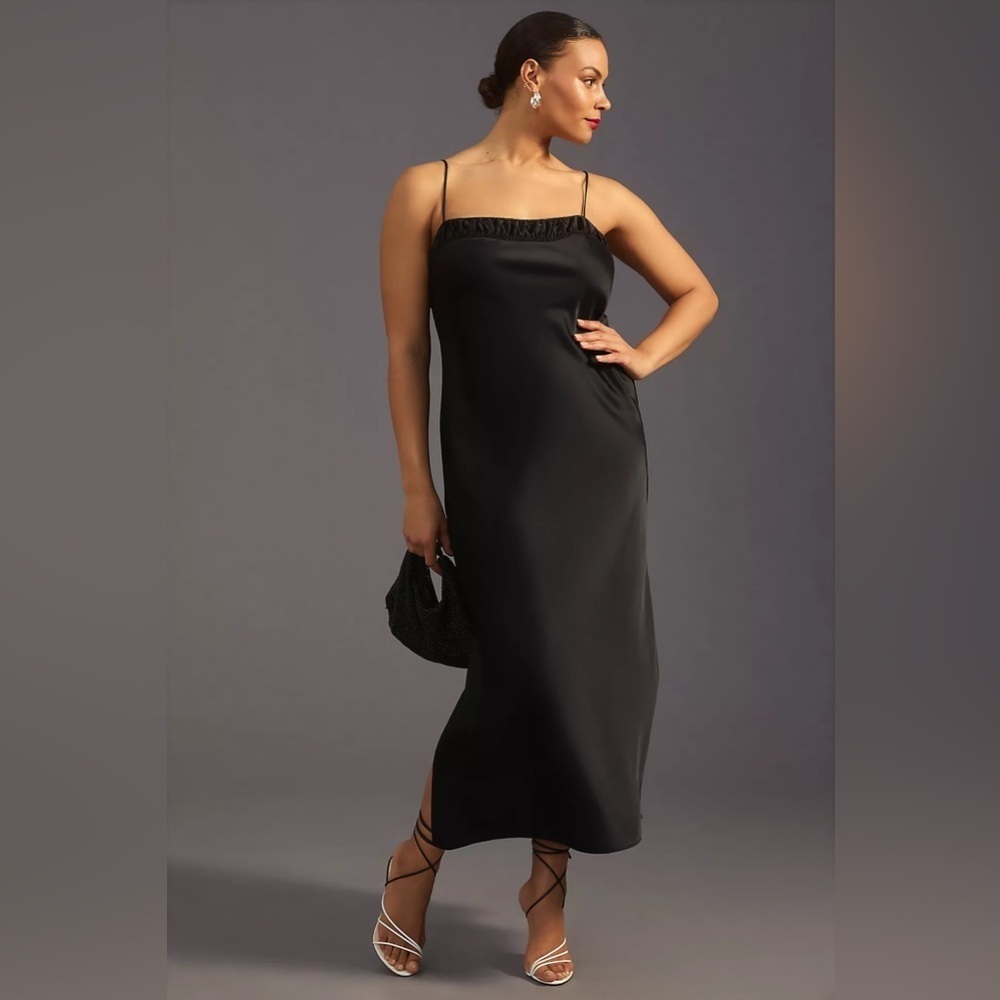 Anthropologie Square Neck Black Satin Slip Dress Size Small Petite